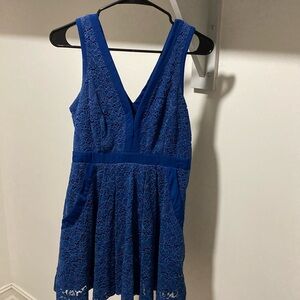 Free People Lovely in Love Floral Lace Deep V Back Cutout Blue Mini Dress Sz XS